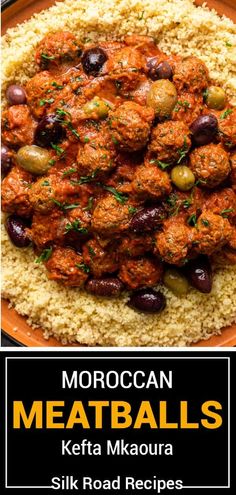 moroccan meatballs with olives and rice in a bowl on a plate, next to the recipe title