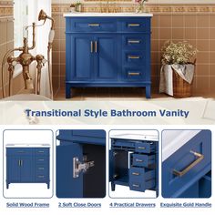 the bathroom vanity is blue and has gold hardware