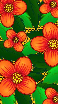 an orange flower with green leaves and yellow dots on the center is shown in this seamless pattern