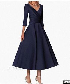 Fisdy - Evening Gown Hostess Outfit Dark Blue Dress Outfit, Blue Dress Outfit, Loungewear Dress, Formal Wear Women, Deep V Neck Dress, Dark Blue Dress, Navy Outfit, Dress Collar, Formal Style