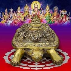 the golden turtle is in front of an image of people on red and white background