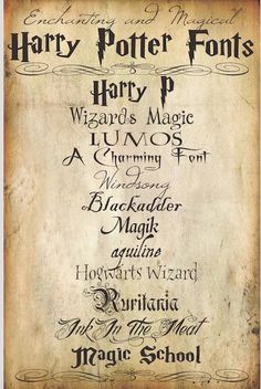 an old harry potter poster with many different font styles and characters on it's back