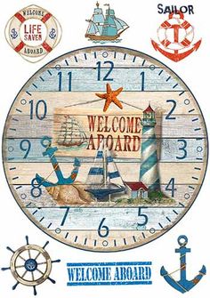 an image of a welcome aboard clock with anchors and ships on the back ground in front of it