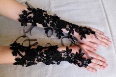 Bridal Black Gloves. Lace beaded black gloves. by semajewelry Elegant Fingerless Bridal Accessories For Party, Gothic Bridesmaids, Lace Gloves Wedding, Ivory Gloves, Bride Gloves, Long Black Gloves, Black Lace Gloves, Beach Wedding Party, Beaded Gloves