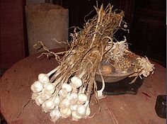 a bunch of garlic sitting on top of a wooden table