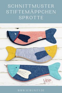 three fish shaped pouches with the words schnutmuster sittemaphen sprote