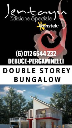 two houses with the words double story bungalow in front of them and an image of