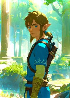 the legend of zelda is standing in front of some trees and bushes, with his back to the camera