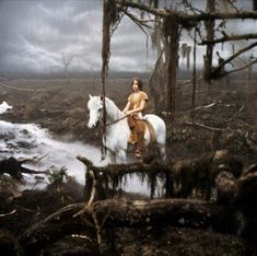 a man riding on the back of a white horse through a forest