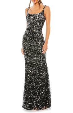 Look like you just stepped off the red carpet in this figure-skimming tulle gown encrusted with glittering sequins and beads. 62 1/2" length Hidden back-zip closure Scoop neck Full-length column skirt Lined 100% polyester Spot clean Imported Asian Owned/Founded Evening Gown With Sequins, Full Length, Floor-length Sparkling Sequin Fabric For Gala, Glamorous Holiday Gown With Sequins, Glamorous Floor-length Sequin Fabric For Evening, Glamorous Evening Floor-length Sequin Fabric, Sleeveless Glitter Gown For Evening, Sequined Full-length Evening Dress, Full-length Sequined Evening Dress, Full Length Sequined Evening Dress