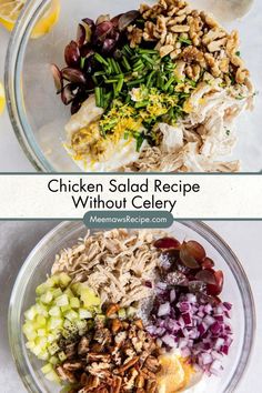 chicken salad recipe without celery in a bowl with lemons and other ingredients