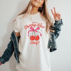 Red Cherry Print Graphic Tee, Red Cotton T-shirt With Cherry Print, Red Cherry Print Crew Neck T-shirt, Casual Red T-shirt For Gift, Casual Cherry Print T-shirt, Red Letter Print Shirt For Gift, Cute Red Shirt With Letter Print, Casual Red Shirt As A Gift, Casual Red Shirt For Gift