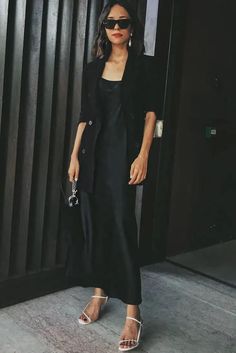 80+ Chic Black Blazer Outfit Ideas For Women [2023]: How To Wear A Black Blazer Black Silk Dress Outfit, Satin Slip Dress Outfit, Black Slip Dress Outfit, Satin Dress Outfit, Silk Dresses Outfit, Black Dress Outfit, Little Black Dress Outfit, Black Blazer Outfit, Slip Dress Outfit