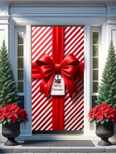 a christmas door decorated with poinsettis and a red ribbon