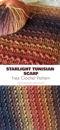 a crocheted blanket with yarn on it and the text, starlight tunisan scarf