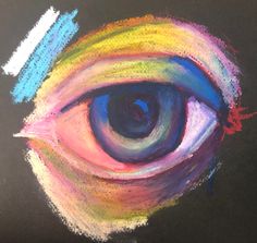 an eye drawn with colored pencils on black paper