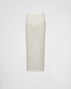 Ivory Stretch Sequin Skirt | PRADA Elegant White Pencil Skirt, Formal Long Cream Skirt, Luxury Fitted White Bottoms, Luxury Formal Long Skirt, Luxury White Evening Skirt, Luxury Evening Bottoms For Summer, Luxury White Bottoms For Evening, Luxury White Bottoms For Evening Wear, Luxury Party Pencil Skirt