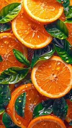 orange slices with leaves and water droplets on them are arranged in a pattern that looks like it has been sliced into pieces