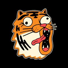 an orange and black cat with its mouth open, sticking out it's tongue