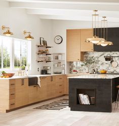 a modern kitchen with wooden cabinets and marble counter tops, along with an island in the middle