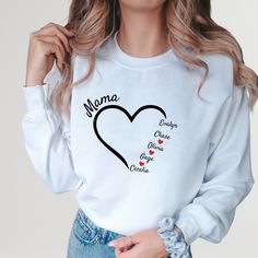 "Upgrade your mom style with our Personalized Mom Sweatshirt! It can be customized with your children's names for a unique touch to celebrate the special bond between mother and child. Whether it's Mother's Day, a birthday or just because, our customizable hoodie will make a thoughtful and heartfelt gift for any mom. With its comfortable fit, soft texture and customizable design, our sweatshirt/hoodie is a must-have in every mother's wardrobe. Treat yourself or surprise a mom friend with this pe Family Matching Letter Print Sweatshirt As Gift, Family Matching Sweatshirt With Letter Print As Gift, Family Matching Sweatshirt With Letter Print, Casual Sweatshirt For Birthday And Mother's Day, Mother's Day Sweatshirt With Custom Text, Personalized Name Print Sweatshirt As Gift, Personalized White Sweatshirt For Gift, Personalized Sweatshirt For Gift, Personalized Cotton Family Sweatshirt