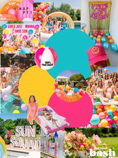 a collage of photos with balloons, flowers and other things to do in the pool