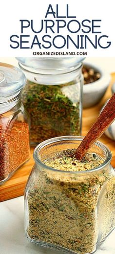 a jar filled with spices sitting on top of a counter next to another jar full of seasoning