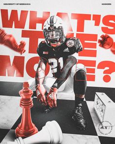 a football player sitting on top of a chess board next to a red and white checkerboard