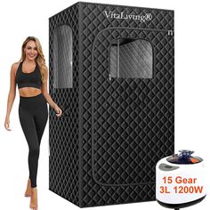 a woman standing next to a black portable shower with the words virtual living on it