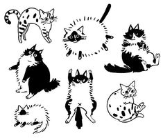 black and white drawing of cats in different poses