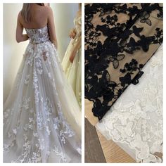 two pictures one showing the back and side of a wedding dress