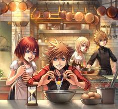 some anime characters are cooking in a kitchen