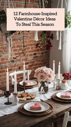 a table set for valentine's day with flowers and cookies