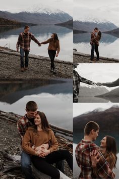 a couple holding hands while standing next to each other in front of water and mountains