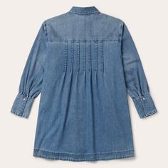 This versatile denim button up shirt dress is the perfect blend of style and comfort. Crafted from 100% cotton, it features pleats at the shoulders and below the straight back yoke, as well as open pleats beneath the oversized front chest patch pockets. The loose hem ensures a flattering fit and the long sleeves have deep single button closure cuffs for a further touch of Western-inspired style. Pleats At Shoulders And Below Straight Back Yoke Open Pleats Beneath Oversized Front Chest Patch Pock Relaxed Fit Denim Dress With Buttons For Daywear, Medium Wash Relaxed Fit Shirt Dress For Work, Washed Denim Dress For Daywear, Classic Cotton Denim Dress With Button Closure, Button-up Washed Blue Denim Dress For Work, Casual Pleated Shirt Dress For Fall, Daywear Washed Denim Dress, Casual Pleated Shirt Dress For Workwear, Long Sleeve Cotton Pleated Shirt Dress