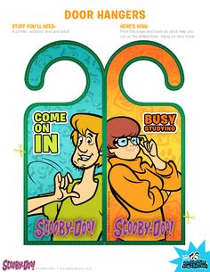 two door hangers with cartoon characters on them