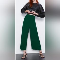 Brand New With Tags High-Waisted, Wide-Leg Forest Green Pants / Culottes By Zara. Side Zip. In Excellent Condition. Creases Are Due To Folding And Being Kept In A Storage Box. Smoke/Pet Free Home. Size: S Versatile High Waist Wide Leg Spring Pants, Versatile High-waist Wide Leg Spring Pants, Versatile High Waist Wide Leg Pants For Spring, Trendy Green Wide Leg Bottoms, High Waist Green Wide Leg Pants For Fall, Trendy Green Non-stretch Wide Leg Pants, Green Stretch Ankle-length Pants, Versatile High Waist Wide Leg Pants, Versatile High-waisted Wide Leg Pants