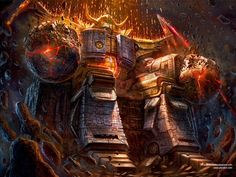 a painting of a giant robot with flames coming out of it's back end