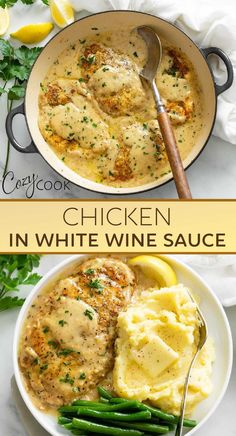 chicken in white wine sauce with mashed potatoes and green beans