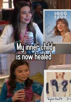 two pictures with the caption'my inner child is now healed'and an image of a woman holding a cell phone