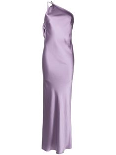 mauve silk satin weave cowl effect bias cut one-shoulder concealed side zip fastening sleeveless open back floor-length Gown Purple, Lirika Matoshi, Purple Silk Dress, Lavender Bridesmaid Dresses, Michelle Mason, Purple Outfits, Versace Outfit, Silk Gown, Purple Silk