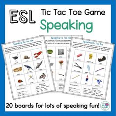 two posters with words and pictures on them that say,'esl tic toe game speaking