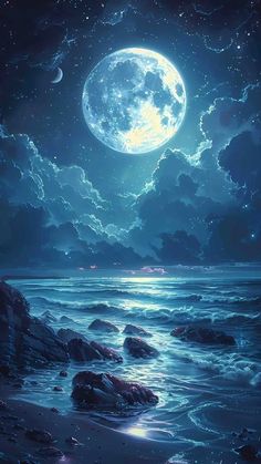 an ocean scene with the moon and stars in the sky