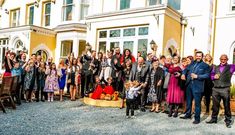 Wedding guests outside Llwyn Country House. Check out their Halloween and Rockabilly inspired wedding for more inspiration on fashion, table centres, decor, kill booth and more! Wedding Guests, Country House, Wedding Guest, Street View