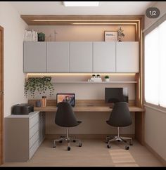 an office with two chairs and a desk in front of a wall mounted computer monitor