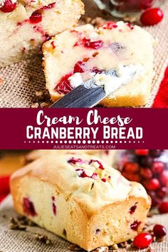 the cranberry bread is cut into slices and ready to be eaten with a knife