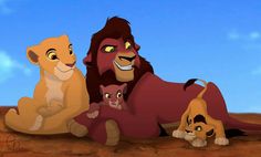 the lion king and his cubs are laying down