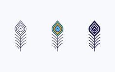 four different colored peacock feathers on a white background with blue and green designs in the middle