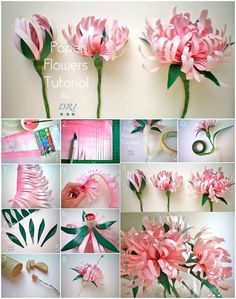 the process of making paper flowers is shown in several different pictures, including pink petals and green leaves