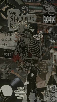 a collage of various stickers and decals with a skeleton holding an umbrella